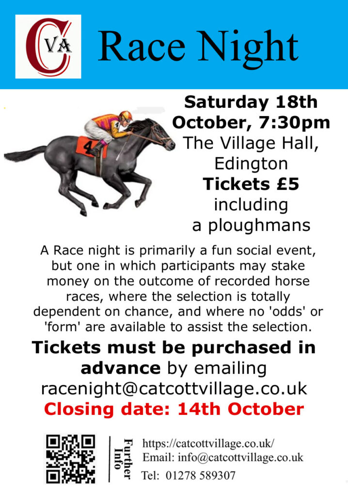 Race night poster for Saturday 18th October 2025 7:30pm at the village hall Edington