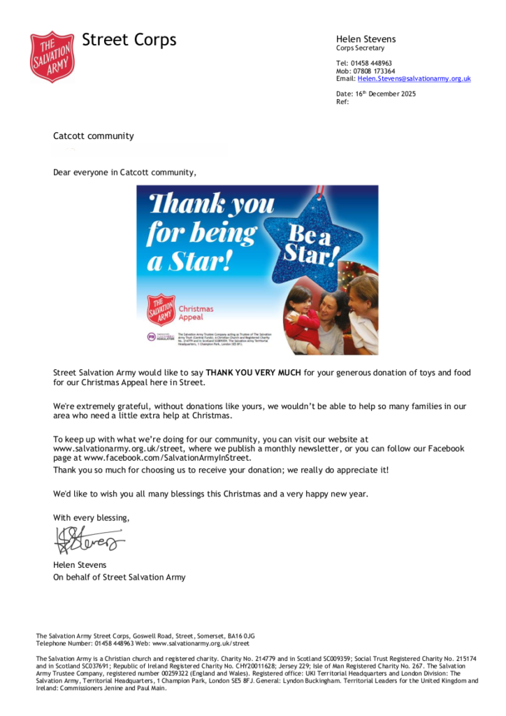 Thank you letter from the Salvaton Army Street Corps for Catcott Be A Star Collection