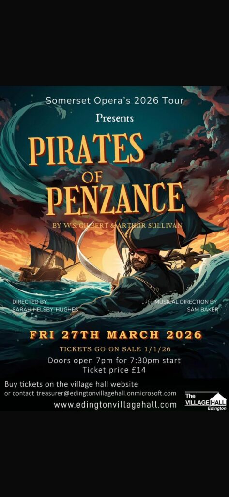 Poster for Pirates of penzance at the village hall 27th March 2026
