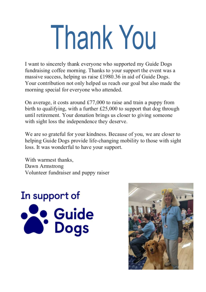 Thank You Letter for Supporting  Guide Dogs